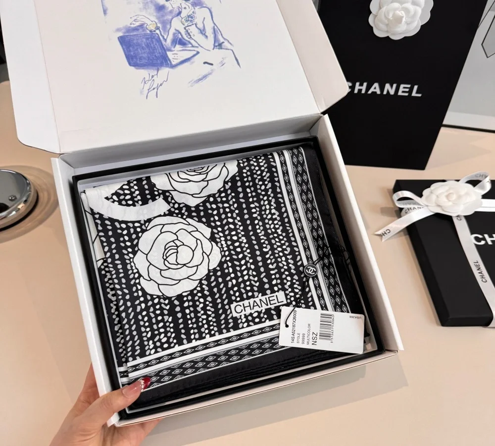 Chanel Polka Dot & Camellia Silk Scarf (Black & White)